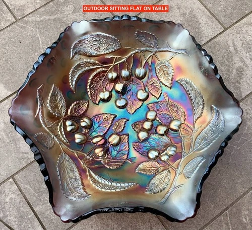 MILLERSBURG PURPLE “HOBNAIL HANGING CHERRIES” CARNIVAL GLASS 10” BOWL – SCARCE!