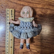 RARE vintage/Antique Celluloid Doll With Shake Eyes/ Googly Eyes W/Crochet Dress