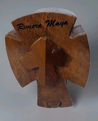 Vintage Wood Carved Puzzle Rivera Maya With Cross 4 Pieces Velvet Inside Box 