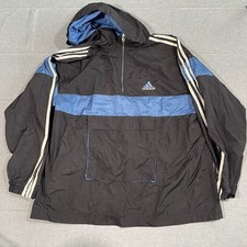 Vintage Adidas Pullover Jacket Mens XL Black Blue Hooded Windbreaker 90s Stripes