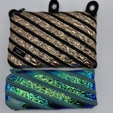 Lot of 2 Zipit Metallic Gold and Blue 3 Ring Pouch for Pens Pencils School