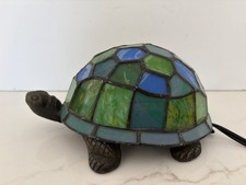 Vintage Tiffany Style Green Blue Stained Glass Tortoise Turtle Lamp Metal