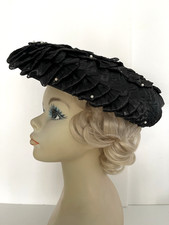 Vintage 50s 40s Wide Brim SAUCER PLATTER Pearls LAYERED RIBBONS Womens HAT Black