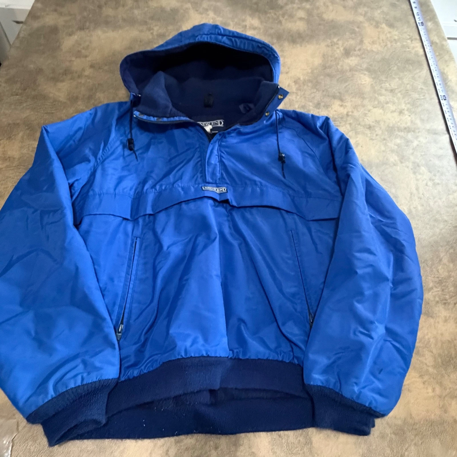 Lands End Anorak Jacket Mens L Blue VTG USA Squall Fleece Lined Pullover Hooded