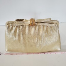 VTG 60s AFTER FIVE Metallic Gold Fabric Clutch Jewel Bow Clasp Coin Purse GLAM