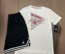 NWT NIKE AIR JORDAN BOY'S 2 PC SET WHITE SHORT SLEEVE BLACK WOVEN SHORTS L 12-13
