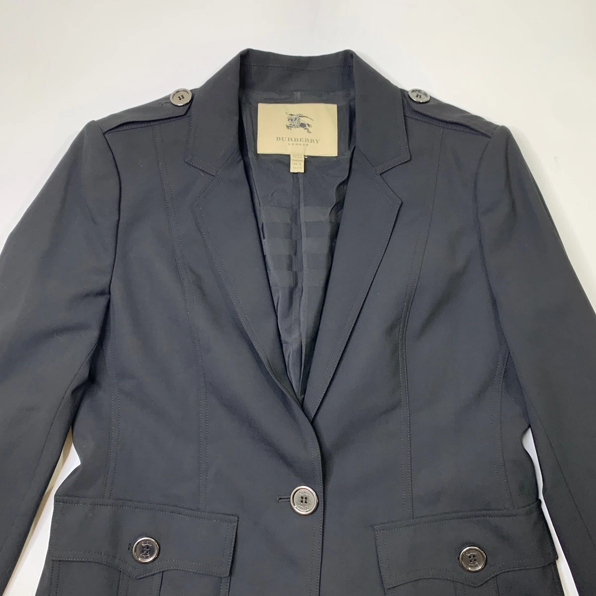 Blazer Burberry London para mujer 12 mezcla de lana de un solo pecho charretera hombro