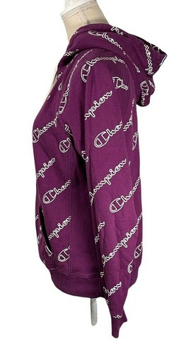Champion Authentic All Over Logo Womens Hoodie Sz S Purple White Sweat Shirt - Picture 4 of 6