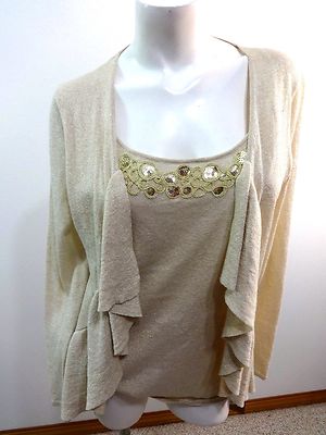 Nwt ELLEN TRACY Damen Elfenbein & Metallic Gold Gerüscht Pullover Größe M