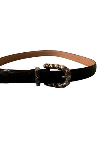 Vintage Brighton Silver Buckle Croc Embossed Patent Leather Brown Belt Sz M 34” Vintage Brighton Silver Buckle Brown Leather Moc Croc  main image 4