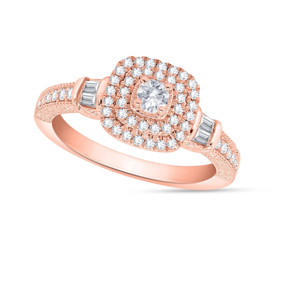 Anillo de compromiso de oro rosa de 10 quilates con doble halo de diamantes naturales certificado de 0,50 quilates Foto 3 de 4