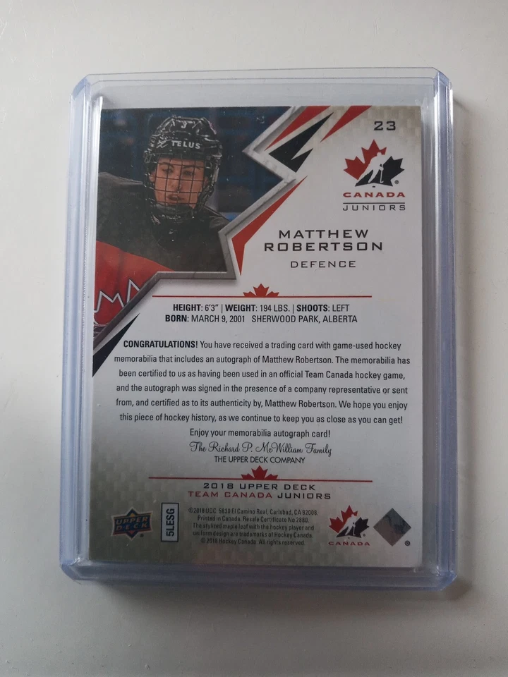 2018 Upper Deck Team Canada Juniors Matthew Robertson Auto Patch /199 Rookie #23 - Photo 2/2