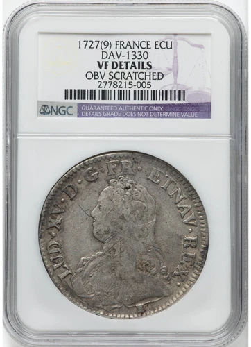 France 1727 LOIUIS XV MASSIVE SIZED ISSUE ECU - DAV 1330 NGC VERY FINE DETAILS