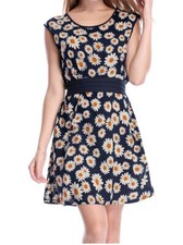 Women’s Sleeveless Floral Print Dresses Navy Blue Beige Size S