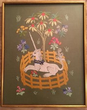 Unicorn in Captivity Needlepoint Tapestry On Burlap Gold Colored Frame 28 X 22