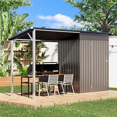 AECOJOY Outdoor Open-Sided Storage Shed Tool Shed Attached Hardtop Metal Pergola Gazebo