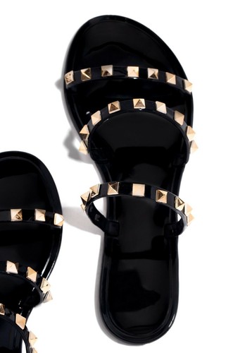 New Women Pyramid Spike Gold Studded Slide Flat Jelly Sandal Flip Flops Open Toe - Picture 5 of 21