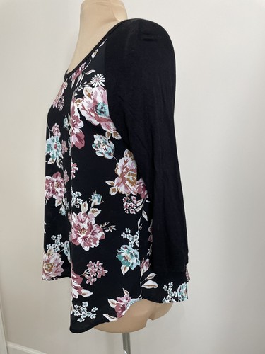 Le Lis Black Floral Top 3/4 Raglan Sleeve Womens Blouse Size S Pullover Shirt - Picture 5 of 9