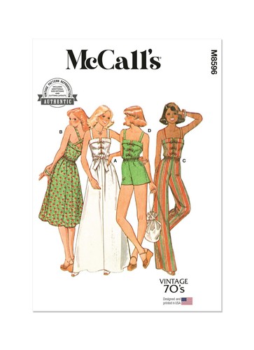McCall's Easy SCHNITTMUSTER M8596 Retro 70er Jahre Kleid/Trägerkleid & Jumpsuit