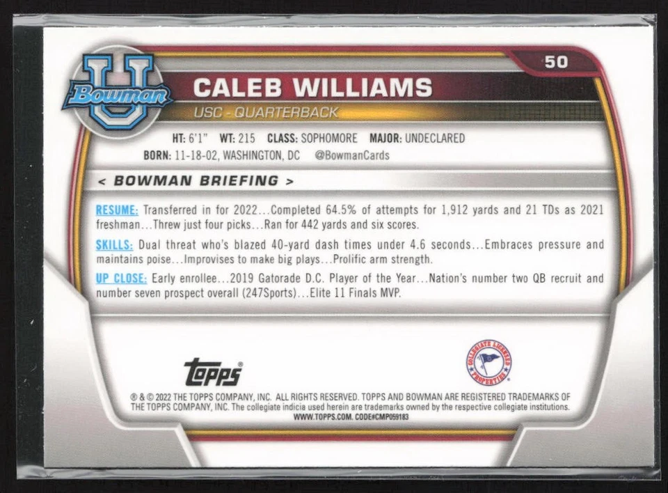 2022 Bowman University Chrome - Caleb Williams 1st Bowman RC - Chicago Bears #50 - Image 2 of 3