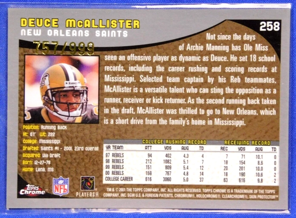 2001 TOPPS CHROME REFRACTOR 258 DEUCE MCALLISTER 757/999 ROOKIE - Image 2 of 2