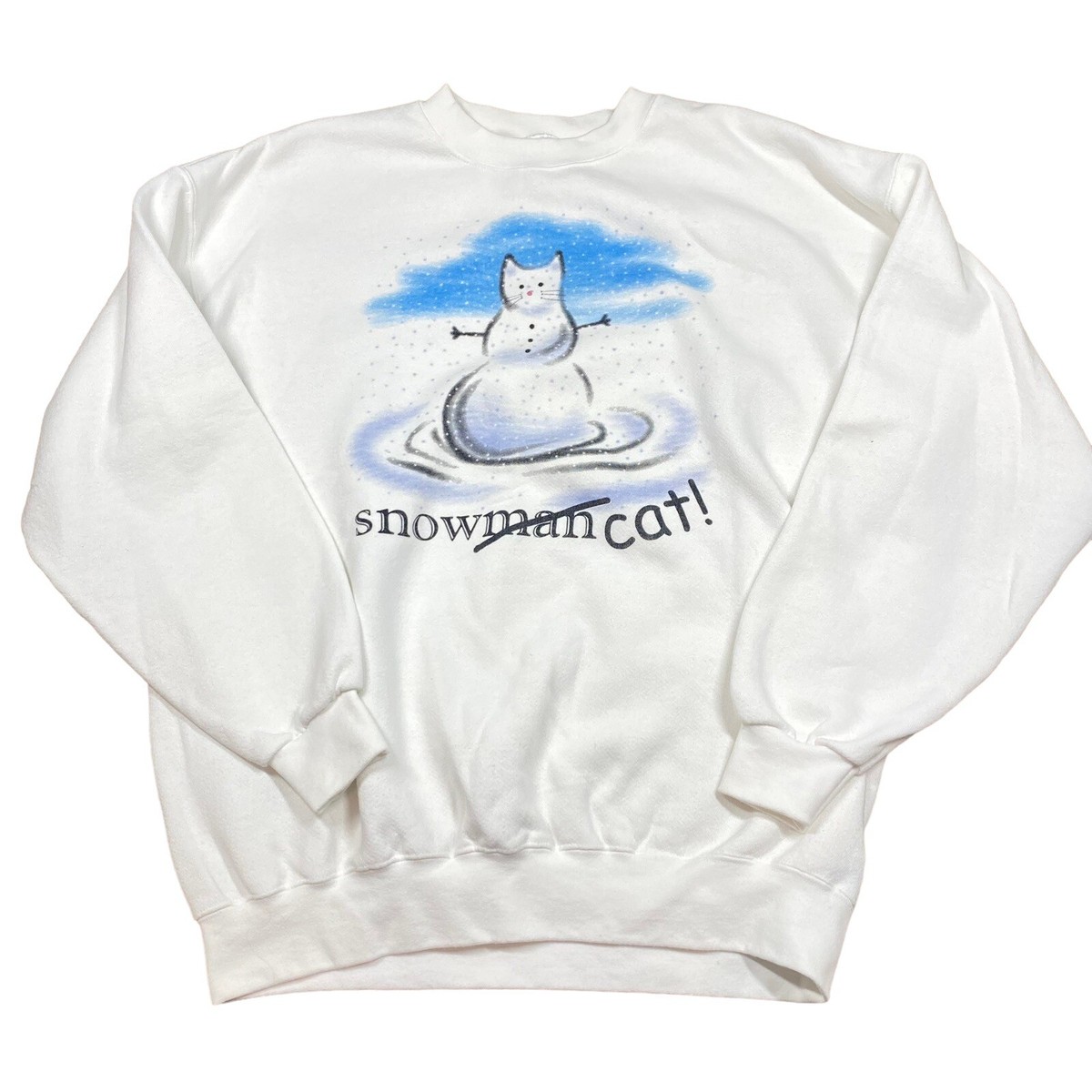 Vintage Lee Sweatshirt Womens XL White Snowman Cat Print Crew Neck 