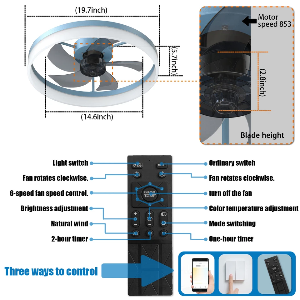 20" Modern Flush Mount Ceiling Fan Light Kit w Remote Dimmable Blue LED Fixture - Image 4 of 4