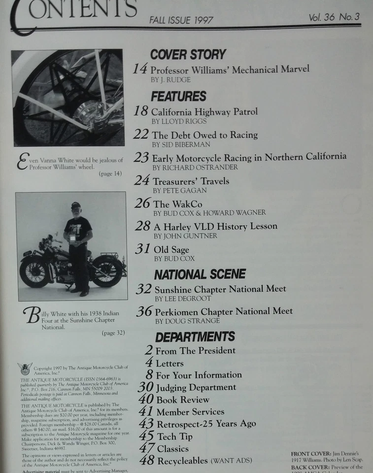 THE ANTIQUE MOTORCYCLE MAGAZINE FALL 1997 TED HODGDON EMMETT MOORE HENRY WING  - Image 2 of 2