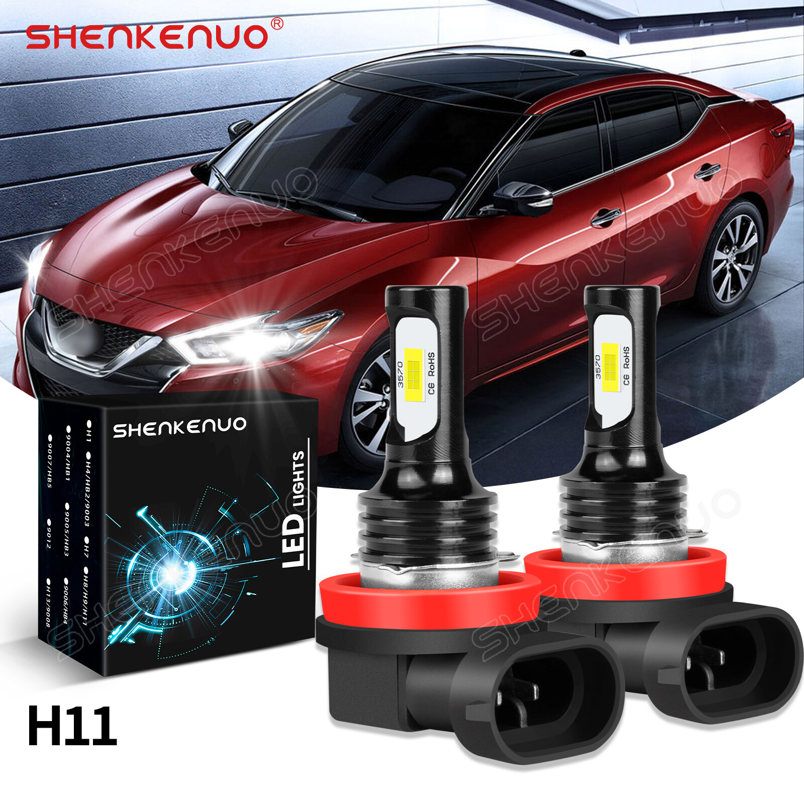 H11 LED headlamp kit 6000K White 8000LM high/low beam for automotive fog lamps