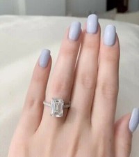 3Ct Emerald Cut Lab Created Diamond Engagement Ring 14K White Gold Plated Silver