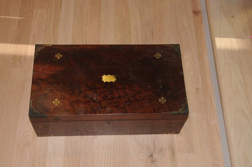 Antique England Travel  Carriage Lap Writing Box Victorian Lap Desk Brass Inlay*