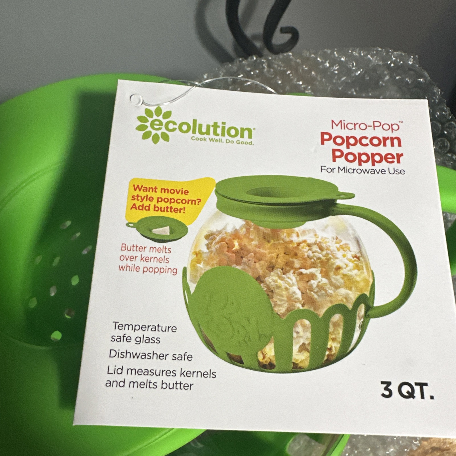 Ecolution 3 Qrt Microwave Micro-Pop Popcorn Popper Glass NEW Neon Green NIB