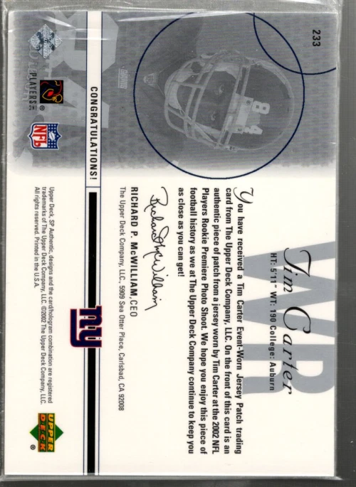 A4181- 2002 SP Authentic #233 Tim Carter RC Jersey /850 (SAMPLE PICTURE) - Image 2 of 2