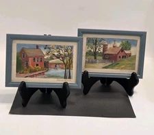 Vtg EDNA LOWE MIni Original Paintings Set Of 2 Naive Style Framed & Signed 3x5"