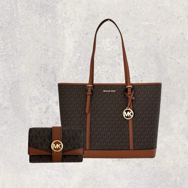 Michael Kors Mk Tasche Shopper Portemonnaie Jet Set Travel Greenwich Braun Neu-image