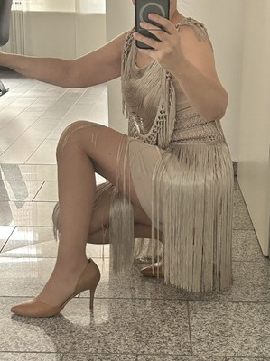 Lidia Kalita Designer Abendkleid mit Fransen Handgefertigt Beige Gr. XS