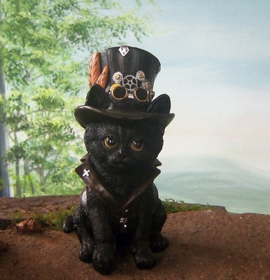 Katze Steampunk Skull Gothic Deko Tier Figur Katzen Zylinder sitzend Black Cat