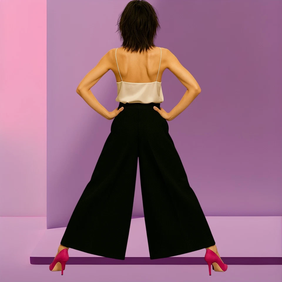 $1209 Retail LILITH France 42 L Black Pleat-Front Back-Tie High-Rise Wide Pants - Image 3 of 4