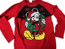 Disney Red Santa Mickey Mouse with Wreath Christmas Sweater Size XS