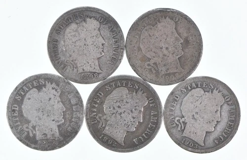 Better Lot 5 1898 1908-O 1892 1892 1903-O Barber Dime 0.50 Face *166