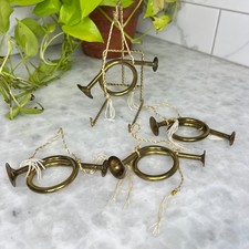 Vintage Brass French Horn Ornaments Set 4 Tassel Gold Tone