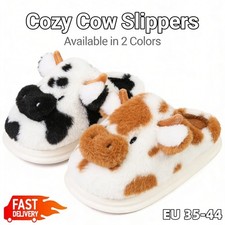Cute Cow Fuzzy Slippers Women's Winter Warm Comfort Large Indoor Shoes EU35-44