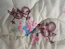 Vintage 50s Baby Crib Blanket Reversible Yellow Ducks Ducklings Ruffle Lace Trim
