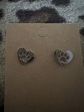 Silver heart dog paw print stud earrings new heart studs