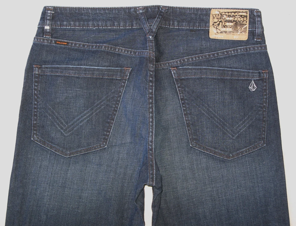 Volcom Kinkade Classic Straight Jeans Men Sz 32 X 28 Dark Blue w Stretch Raw Hem - Image 2 of 4