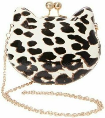 Betsey Johnson HERE KITTY Clutch to Crossbody Leopard Hard Shell Gold Chain NEW