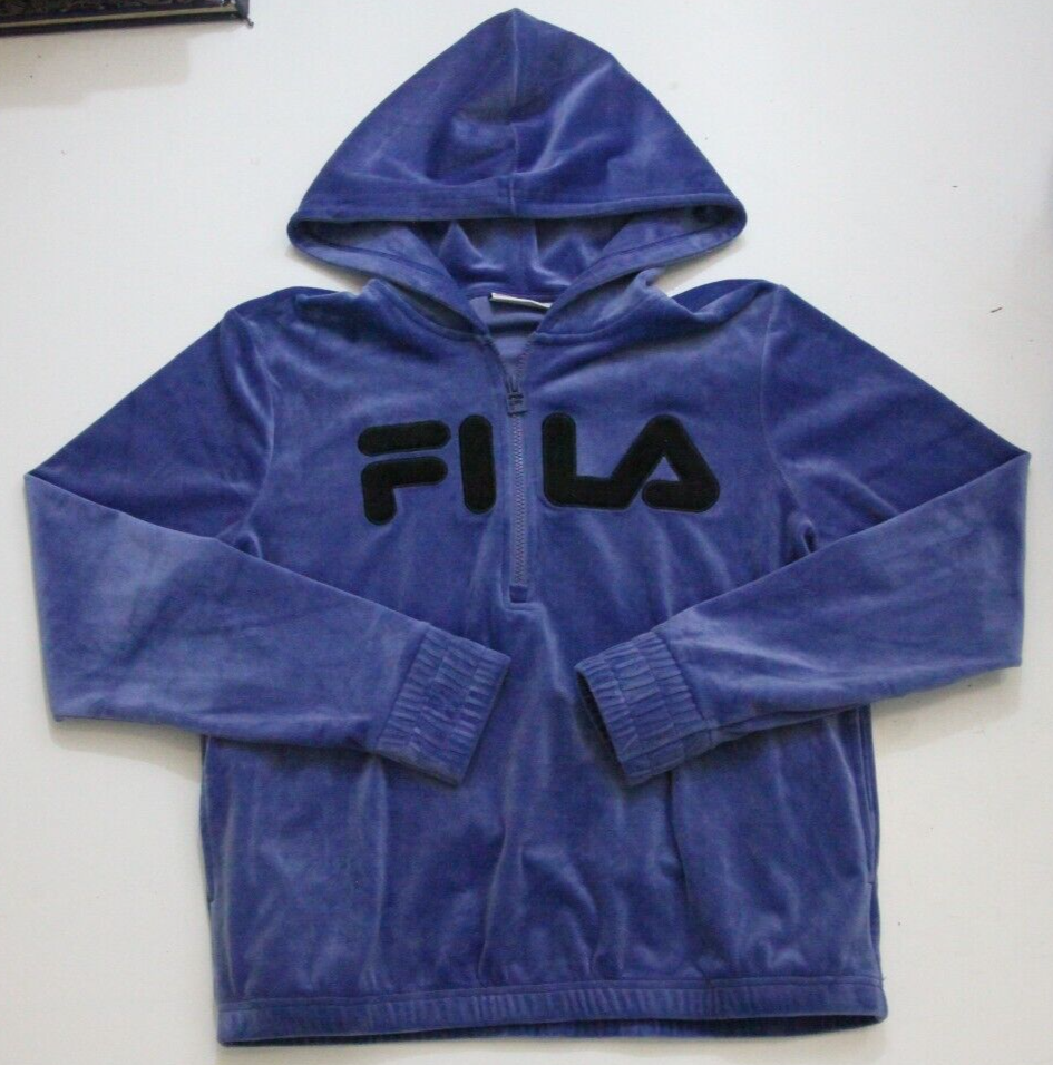 FILA Felpa donna blu velluto con cappuccio taglia media 1 2 zip pullover davanti WS190