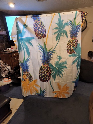 Palm Tree And Pineapple Shower Curtain W/12 Metal Hooks Tropical Decor Turquoise - Picture 2 of 2