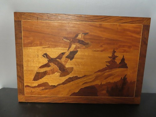 ANTIQUE MARQUETRY WOOD INLAY PICTURE OF FLYING BIRDS 22 3/4" x 15 3/4"
