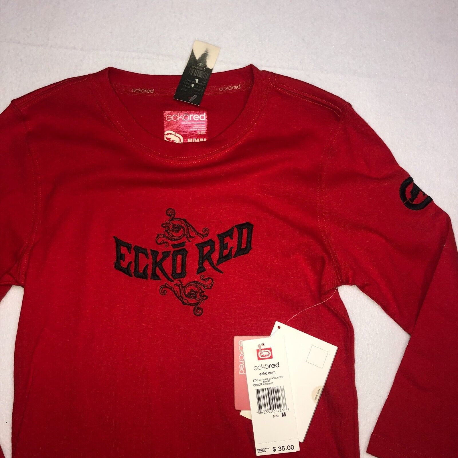 Ecko Red Womans Glam Scroll Crew Neck T-Shirt Size M Red Long Sleeve NWT